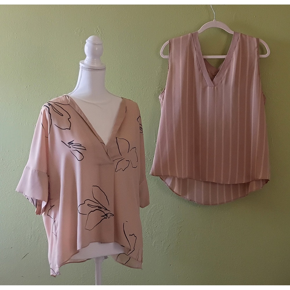 Corporate Chic Worthington Beige Blouse Set Short Sleeve L & Striped Tank XL
